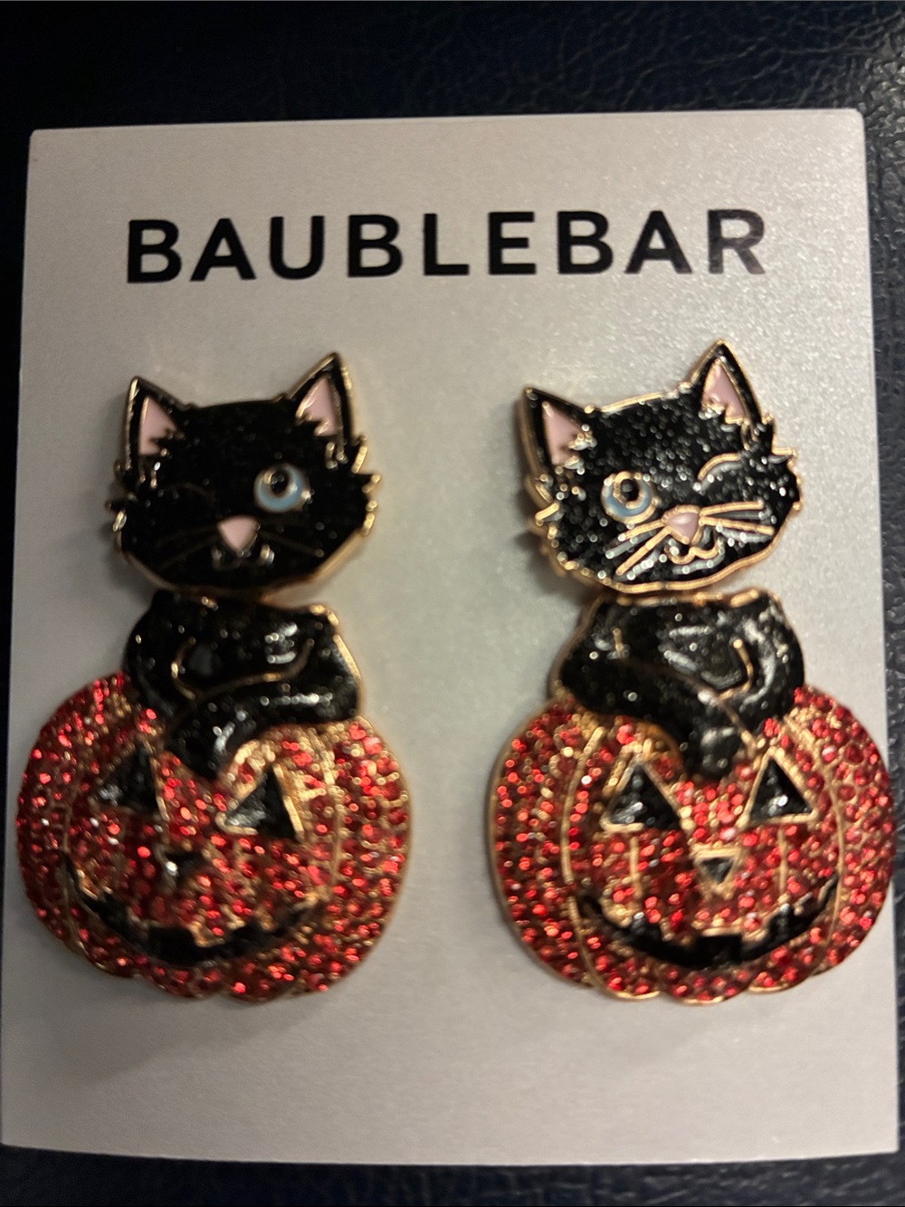 BaubleBar Black Cat in Jack o lantern Pumpkin Stud Earrings NWT w rhinestones